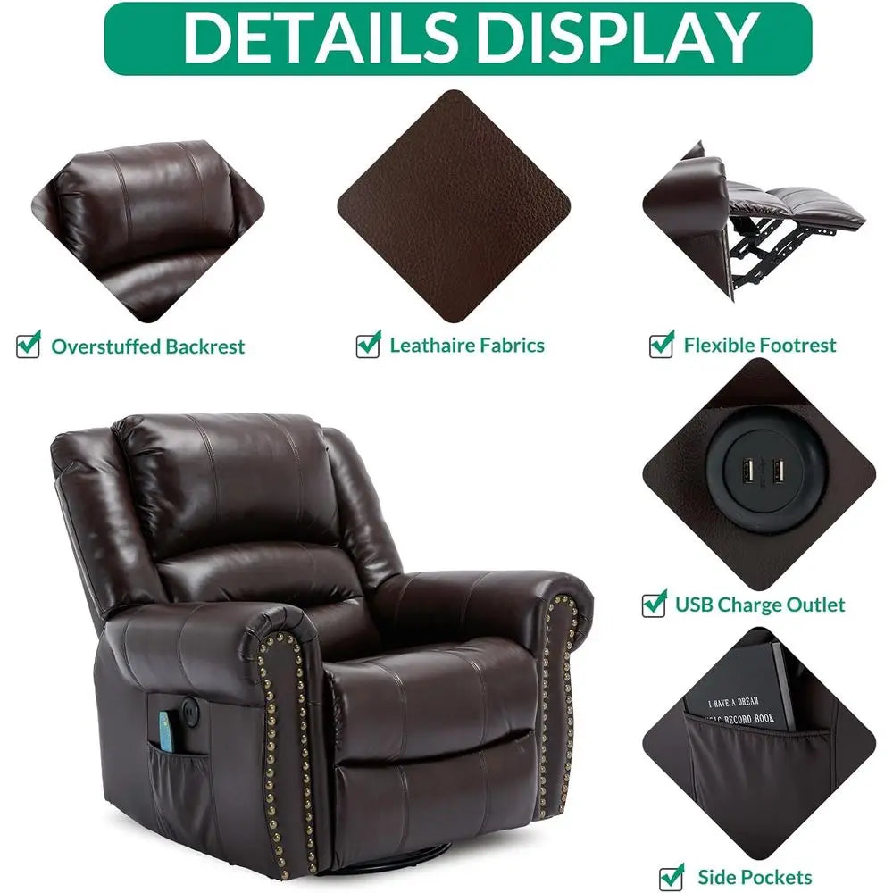 Brown Swivel Rocker Recliner with Heat, Vibration, 360° Glider, Remote Control, Side Pockets & USB Ports
