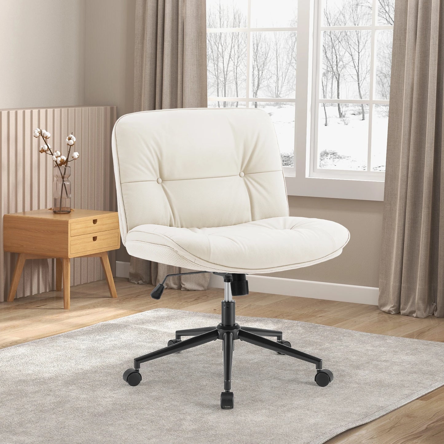 Cross Legged Leather Office Chair with Wheels Armless Desk Seating for Home Bedroom