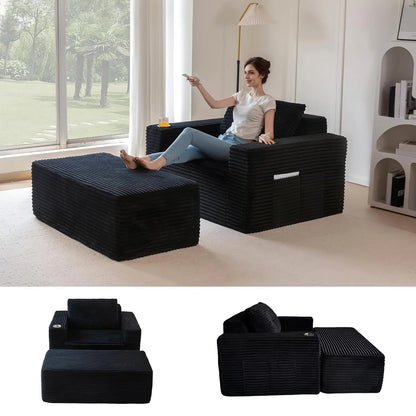 Oversized Chaise Lounge Sofa, Upholstered Lounge Chair with 3 Pillows, Tufted Boneless Sofa Couch with Ottoman, Deep Seat Sleepe