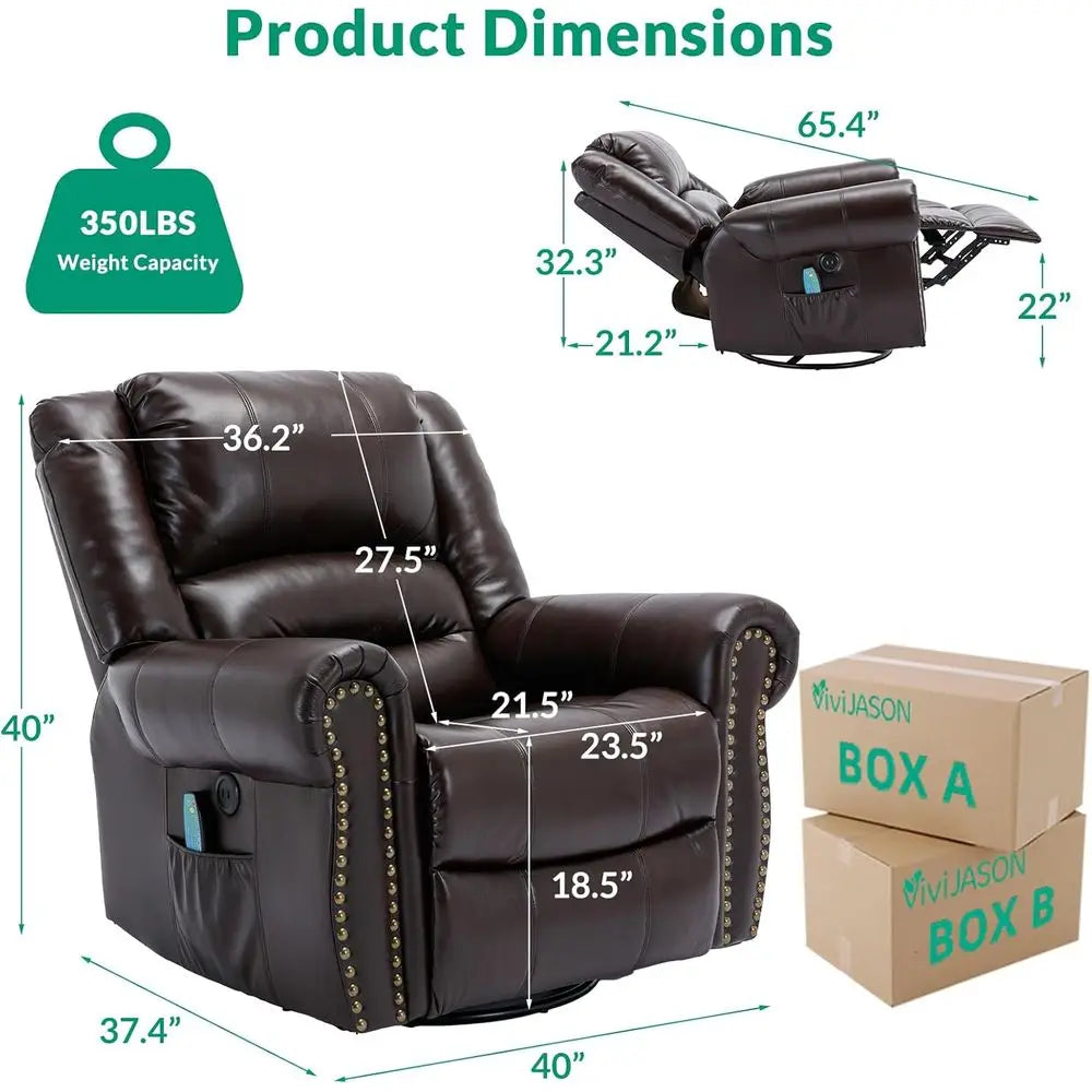 Brown Swivel Rocker Recliner with Heat, Vibration, 360° Glider, Remote Control, Side Pockets & USB Ports