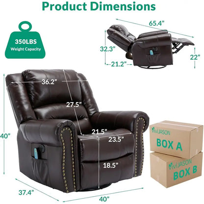 Brown Swivel Rocker Recliner with Heat, Vibration, 360° Glider, Remote Control, Side Pockets & USB Ports