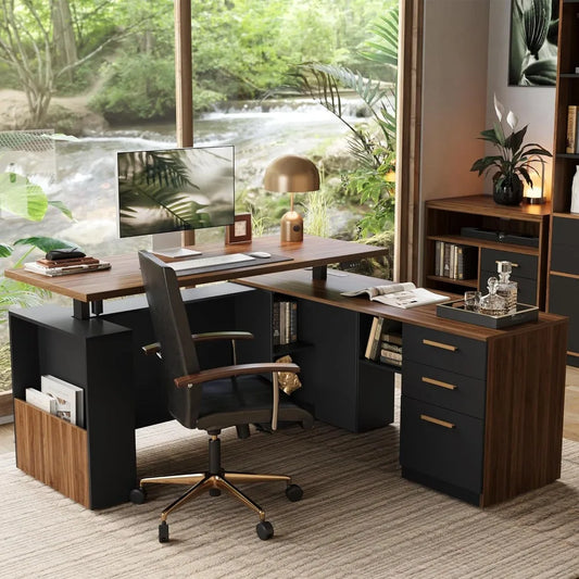 63" Standing Desk with File Cabinet, Privacy Panel, AC/USB, Executive L Shaped Height Adjustable Electric Stand Up Desk