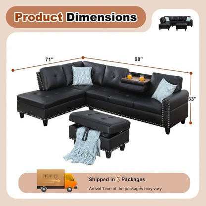 L Shaped Couch 3-Piece Sectional Sofa Set .Black