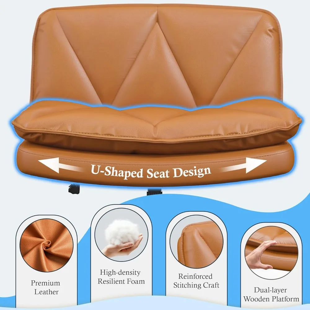 Criss Cross Chair with Wheels,Cross Legged Office Chair with 2 Layer Cushion,Comfy Wide Seat,Leather,Amless, Vanity Chairs for H