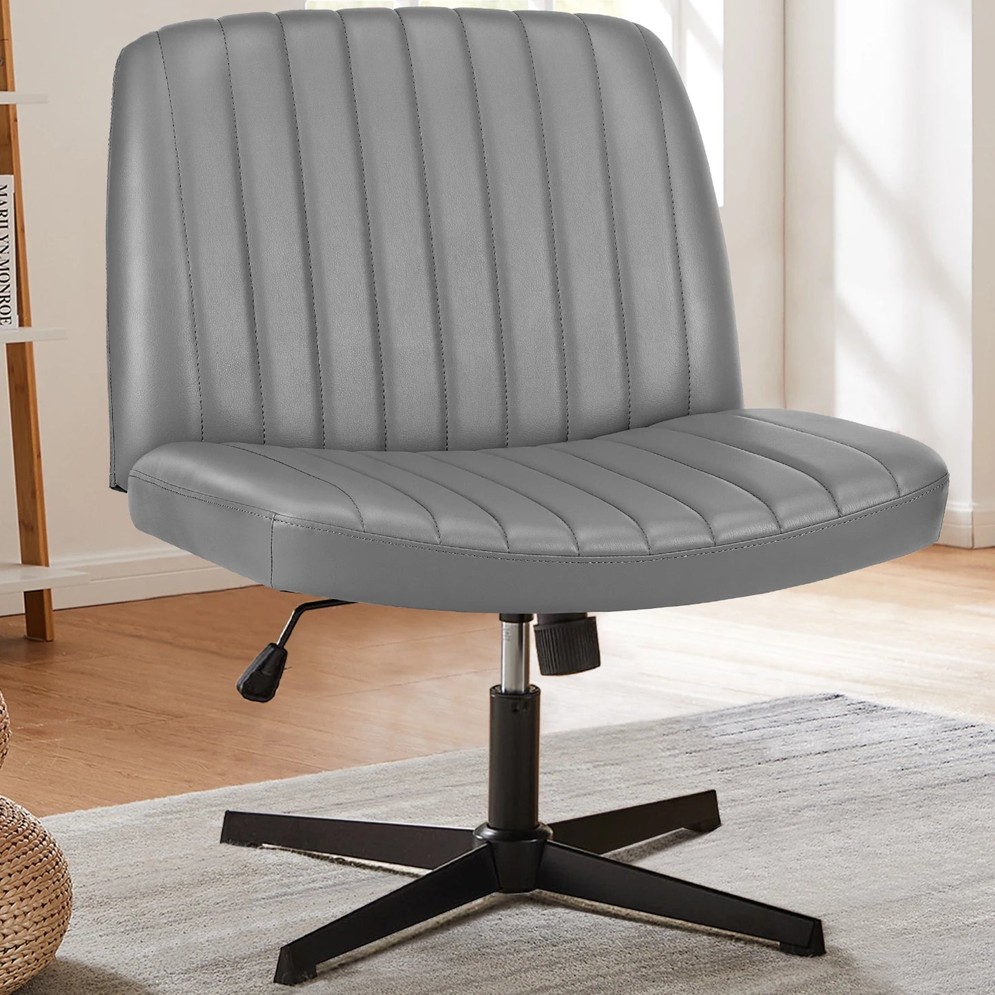 Cross Legged Chair Armless Wide Desk Adjustable Swivel Fabric Task Vanity Home Office