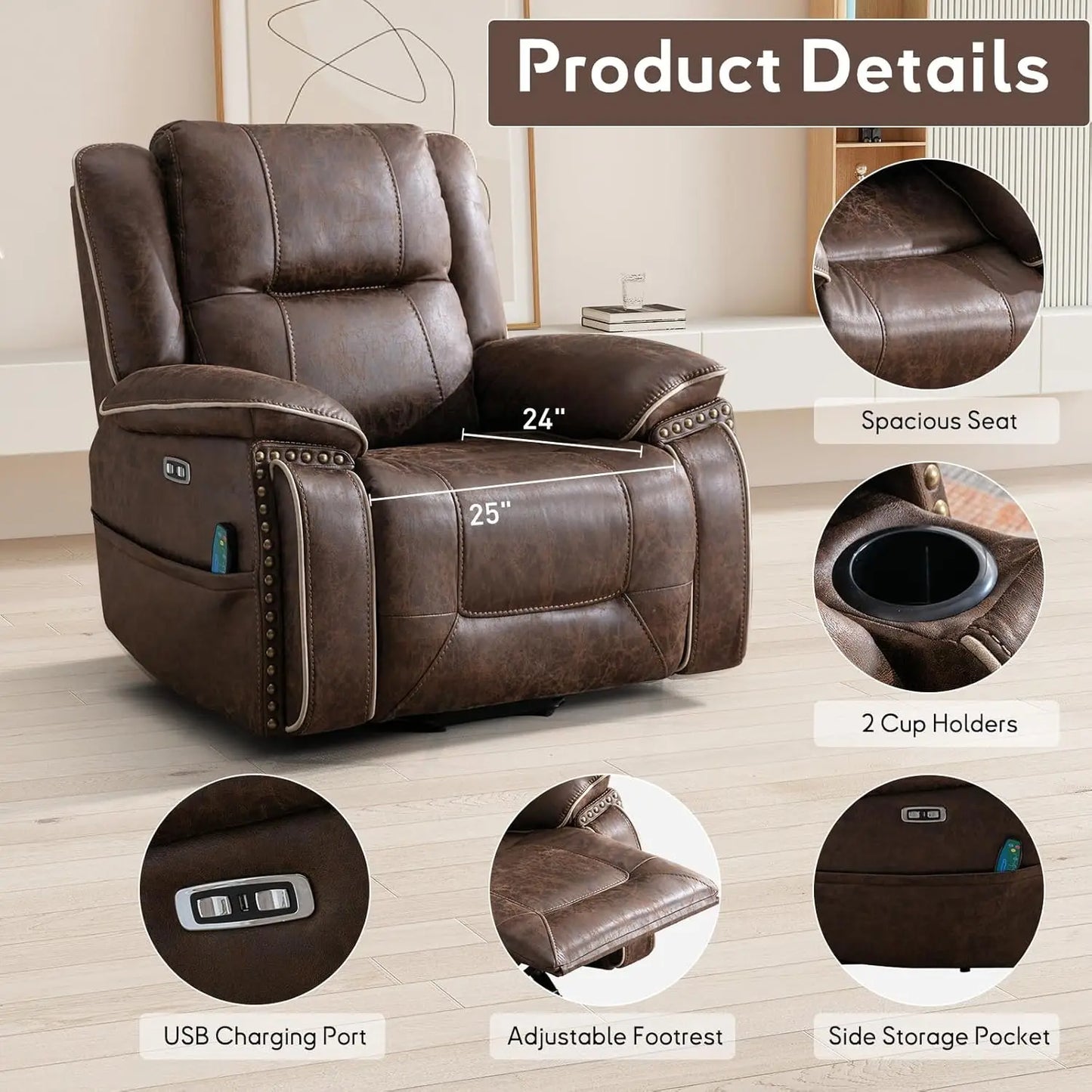Power Lift Recliner Elderly Massage Heat Dual Motor Faux Leather 2 Cup Holder Adjustable Remote