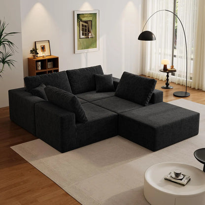 139" Cloud Sectional Sofa Deep Seat Modular L-Shape Frameless Corduroy Living Room 4-Seater Left Chaise Black Customized
