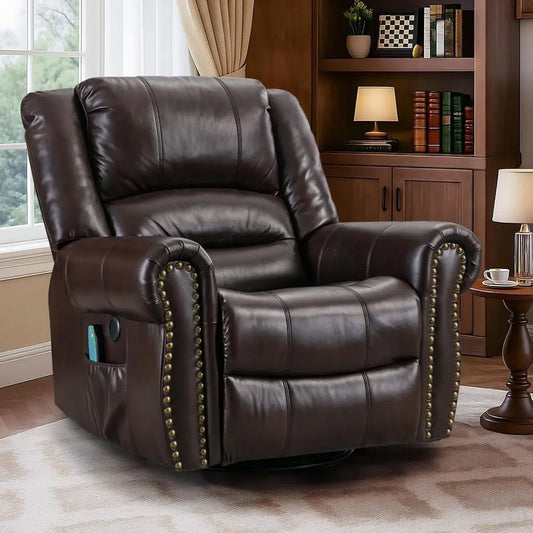 Brown Swivel Rocker Recliner with Heat, Vibration, 360° Glider, Remote Control, Side Pockets & USB Ports