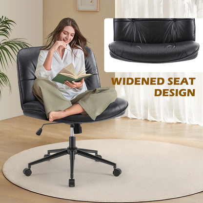 Cross Legged  Leather Office Chair with Wheels Armless Desk Seating for Home Bedroom