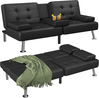 [XMSJ-Limited Stock, Buy Now!]Futon Sofa Bed Modern Folding Futon Set Convertible Recliner Lounge for Living Room with 2 Cup Hol