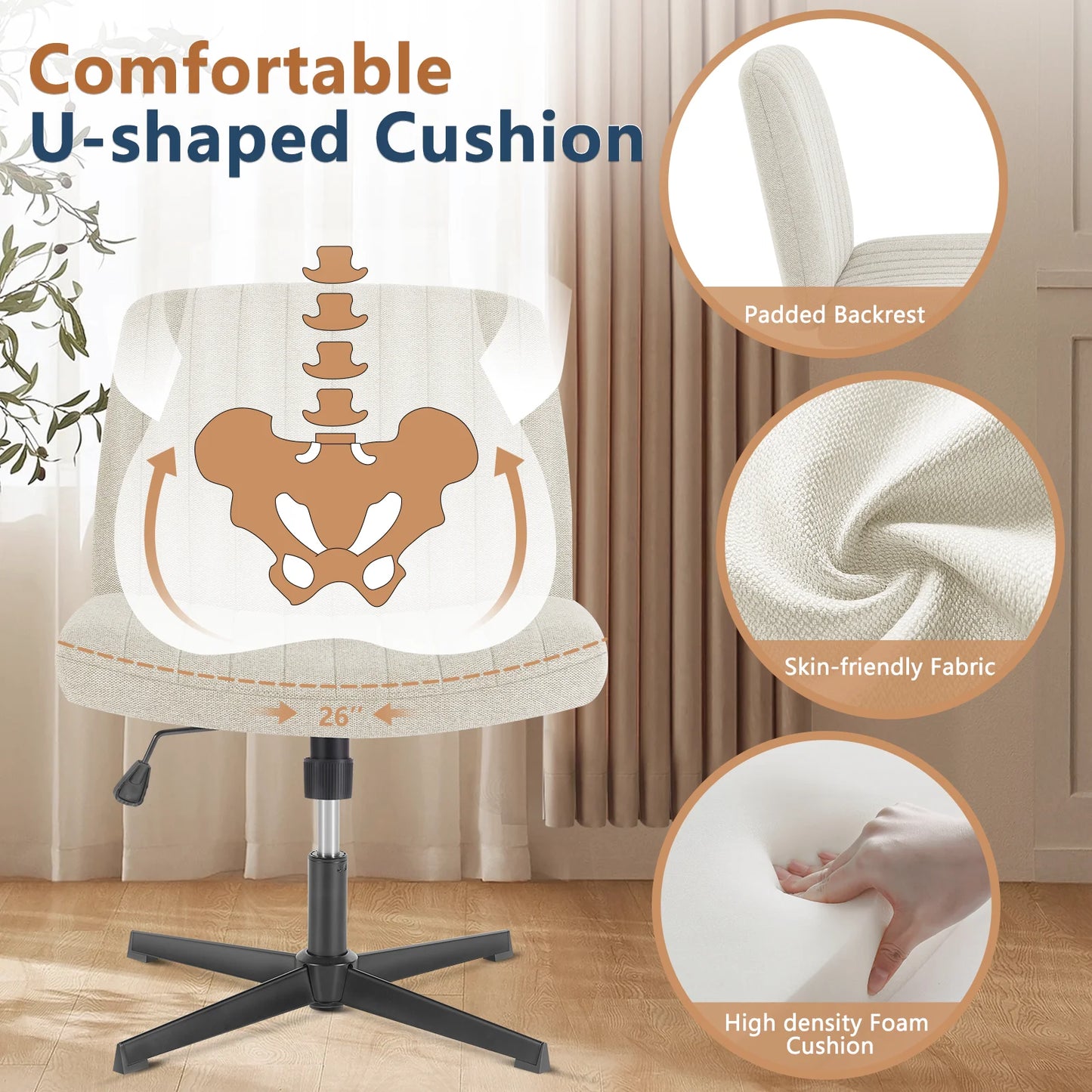 Cross Legged Chair Armless Wide Desk Adjustable Swivel Fabric Task Vanity Home Office