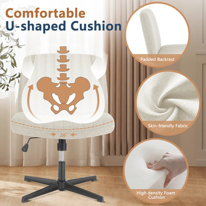Cross Legged Chair Armless Wide Desk Adjustable Swivel Fabric Task Vanity Home Office