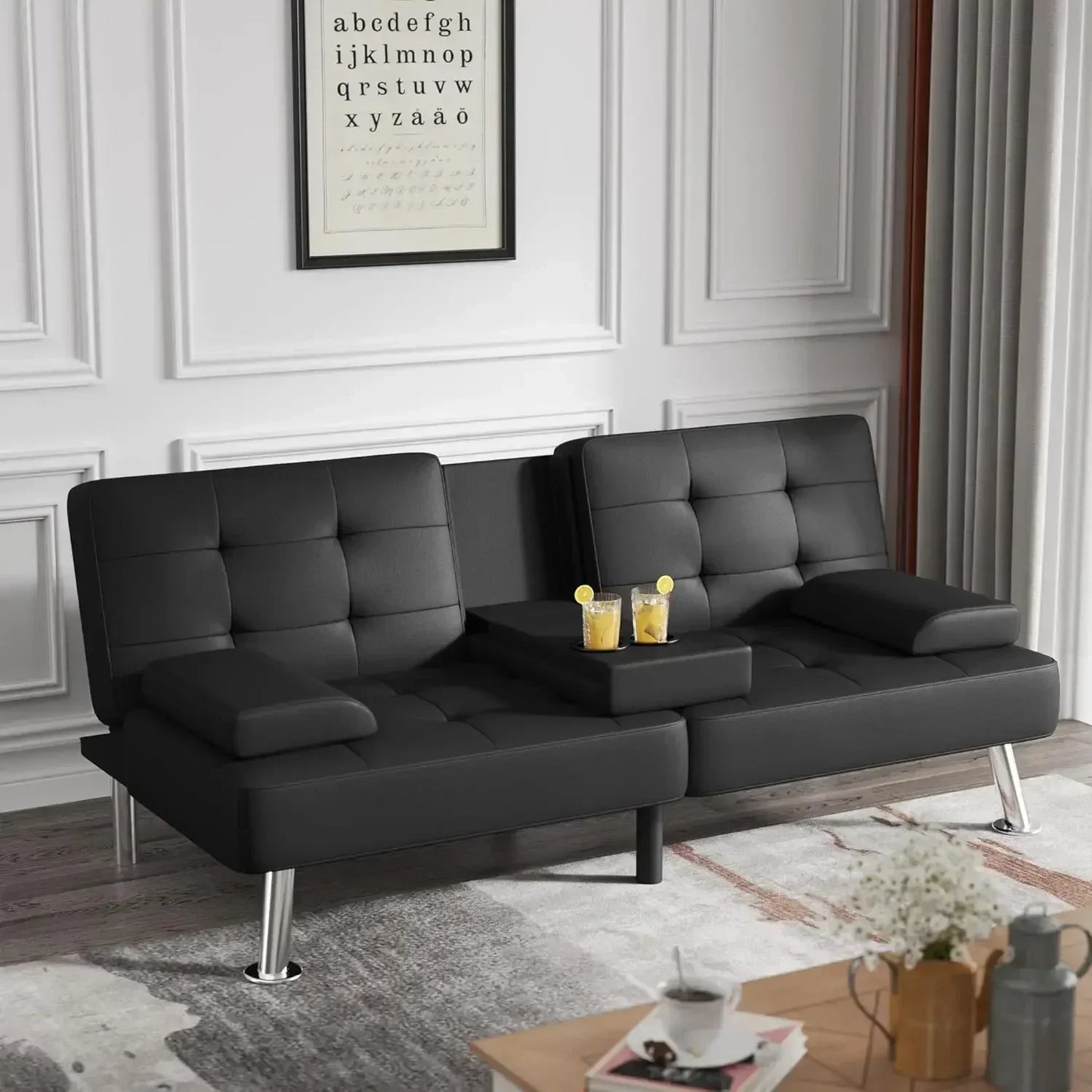 [XMSJ-Limited Stock, Buy Now!]Futon Sofa Bed Modern Folding Futon Set Convertible Recliner Lounge for Living Room with 2 Cup Hol