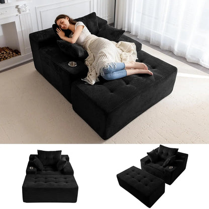 Oversized Chaise Lounge Sofa, Upholstered Lounge Chair with 3 Pillows, Tufted Boneless Sofa Couch with Ottoman, Deep Seat Sleepe