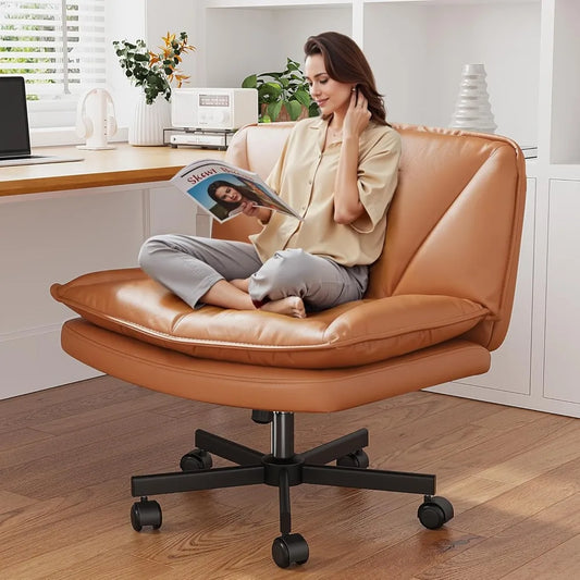 Criss Cross Chair with Wheels,Cross Legged Office Chair with 2 Layer Cushion,Comfy Wide Seat,Leather,Amless, Vanity Chairs for H