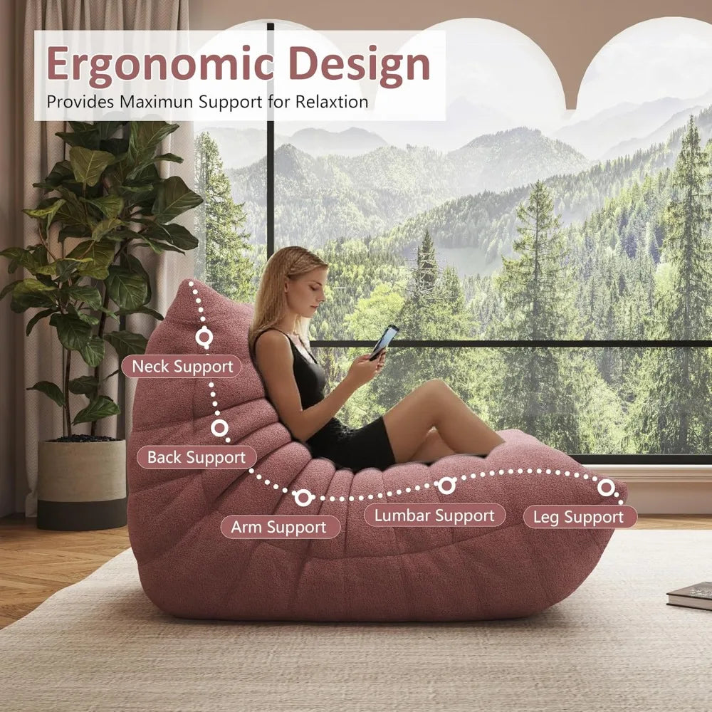 Oversized Bean Bag Chair, Pink Teddy Velvet Floor Sofa for Living Room, Ergonomic Design with Memory Foam