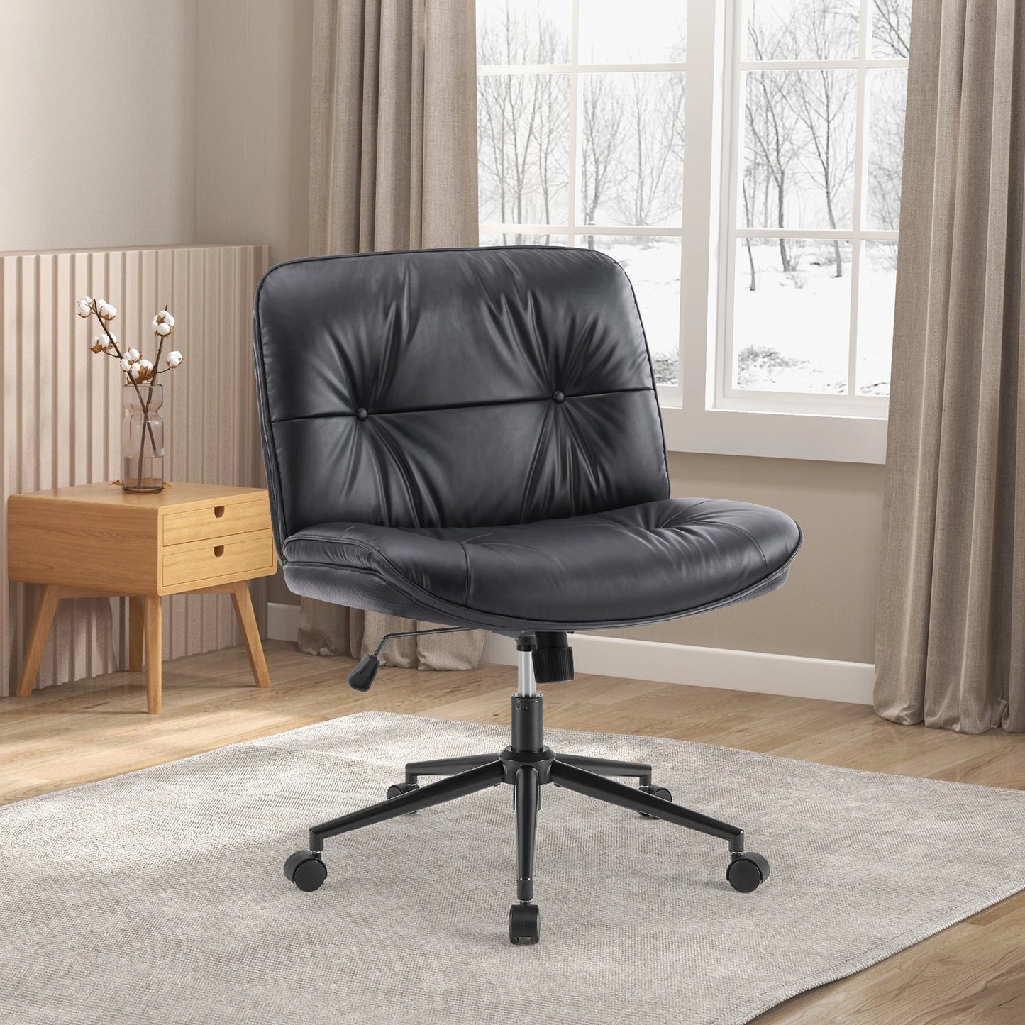 Cross Legged  Leather Office Chair with Wheels Armless Desk Seating for Home Bedroom