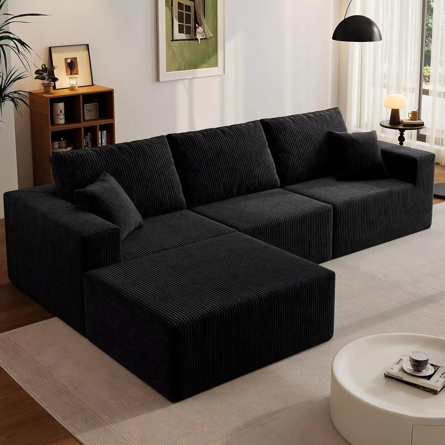 139" Cloud Sectional Sofa Deep Seat Modular L-Shape Frameless Corduroy Living Room 4-Seater Left Chaise Black Customized