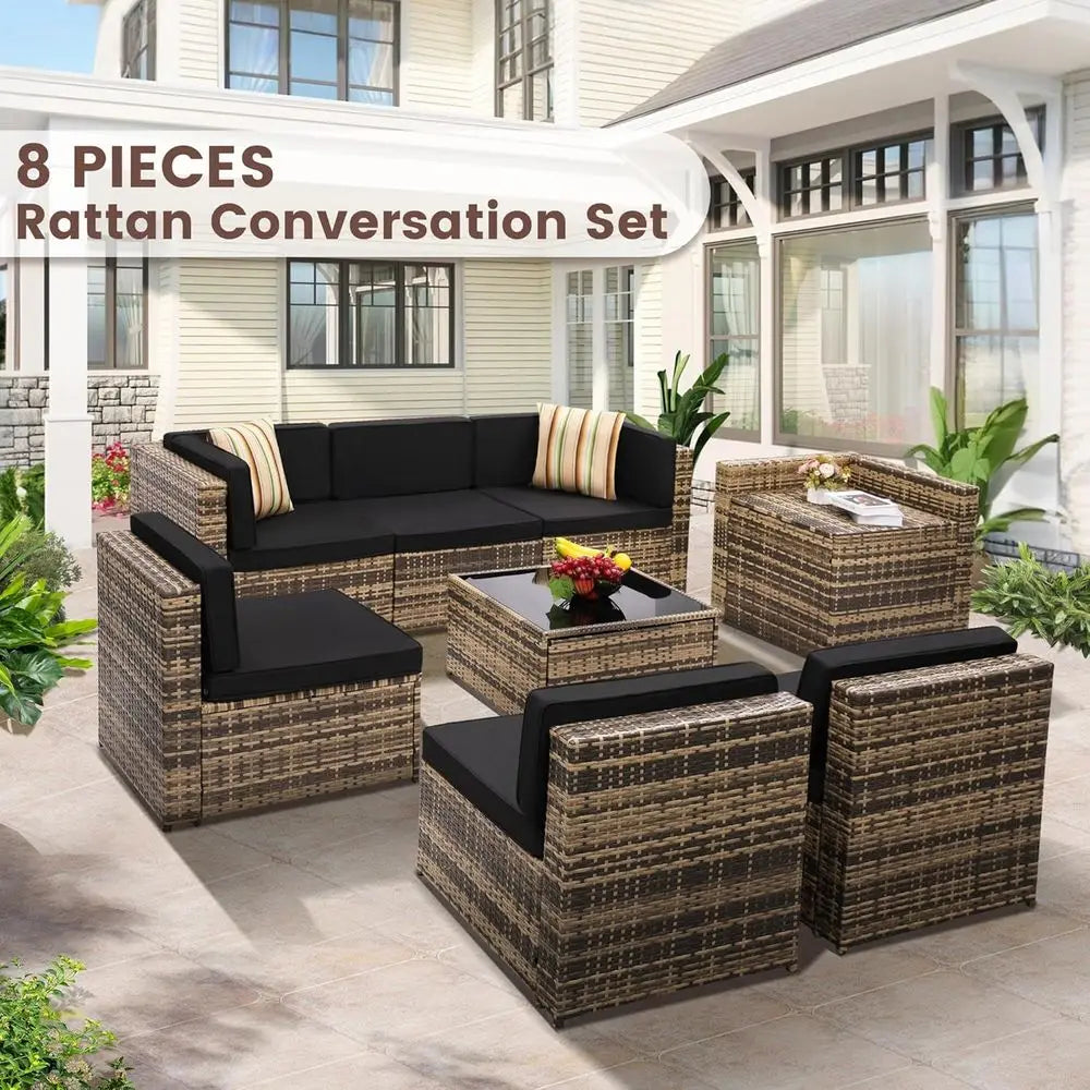 8-Piece Outdoor Wicker Sectional Patio Furniture Set with Cushions and Glass Table Storage