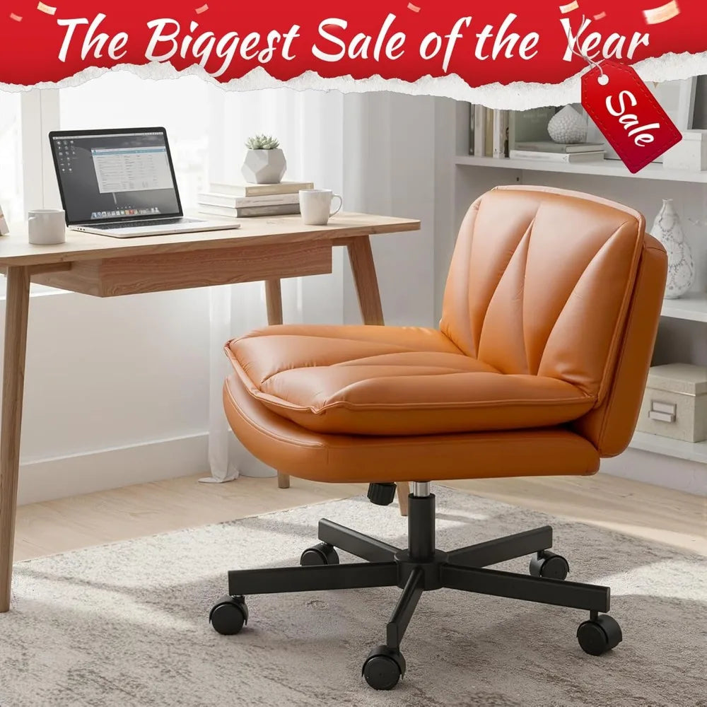 Criss Cross Chair with Wheels,Cross Legged Office Chair with 2 Layer Cushion,Comfy Wide Seat,Leather,Amless, Vanity Chairs for H