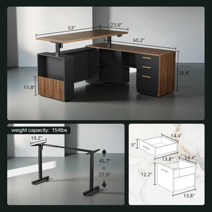 63" Standing Desk with File Cabinet, Privacy Panel, AC/USB, Executive L Shaped Height Adjustable Electric Stand Up Desk