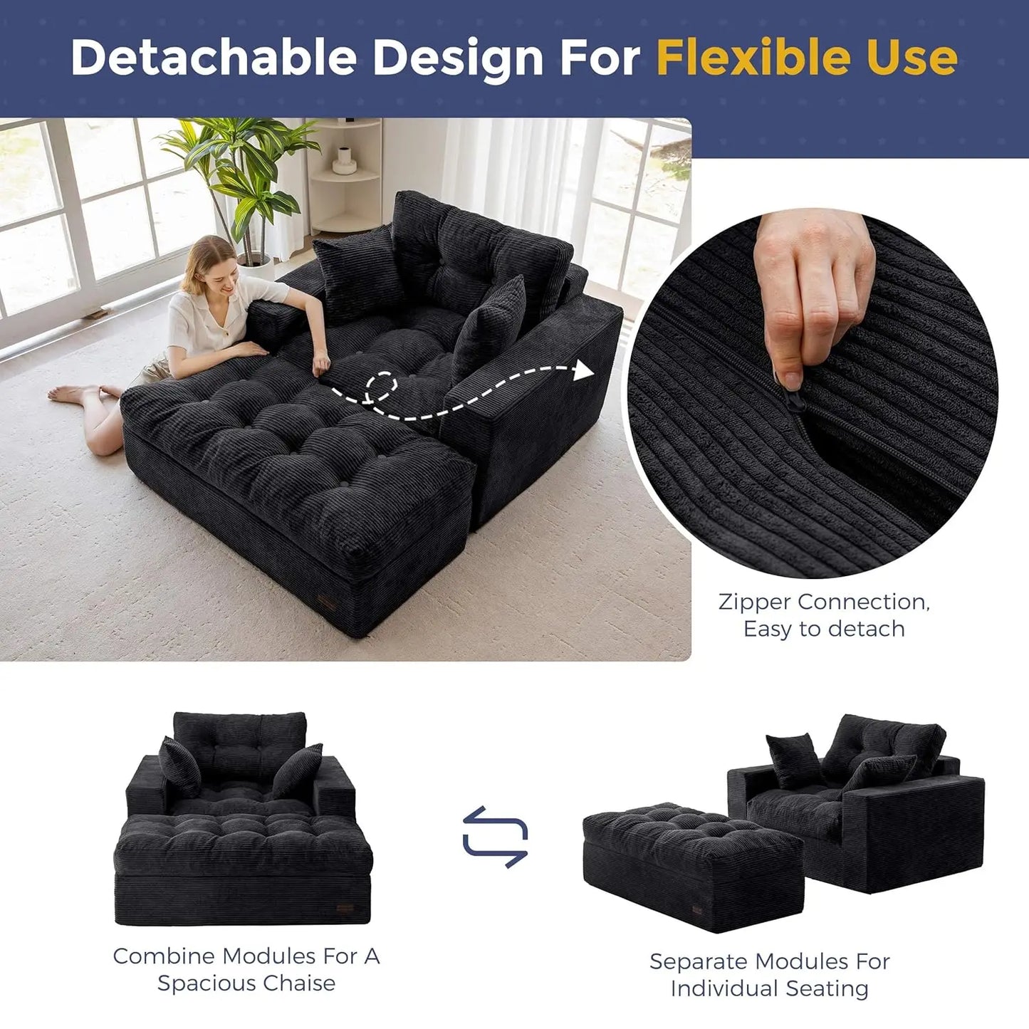 Oversized Chaise Lounge Sofa, Upholstered Lounge Chair with 3 Pillows, Tufted Boneless Sofa Couch with Ottoman, Deep Seat Sleepe