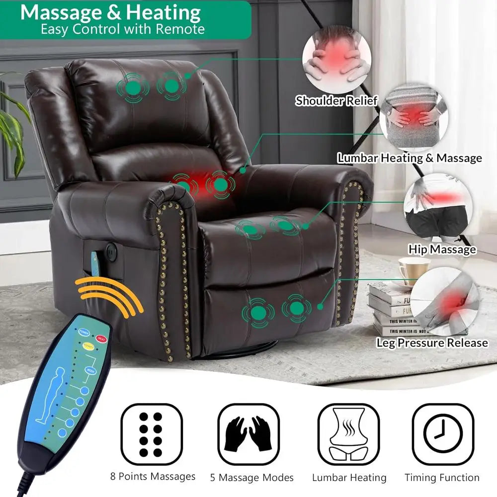 Brown Swivel Rocker Recliner with Heat, Vibration, 360° Glider, Remote Control, Side Pockets & USB Ports