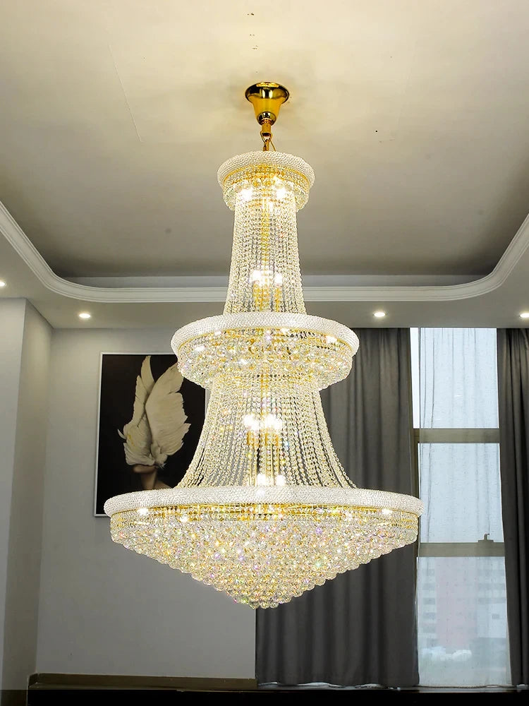 Luxury Living Room Crystal Chandelier Staircase European-Style Large Chrome Chandelier Hotel Lobby Villa High Ceiling Lighting