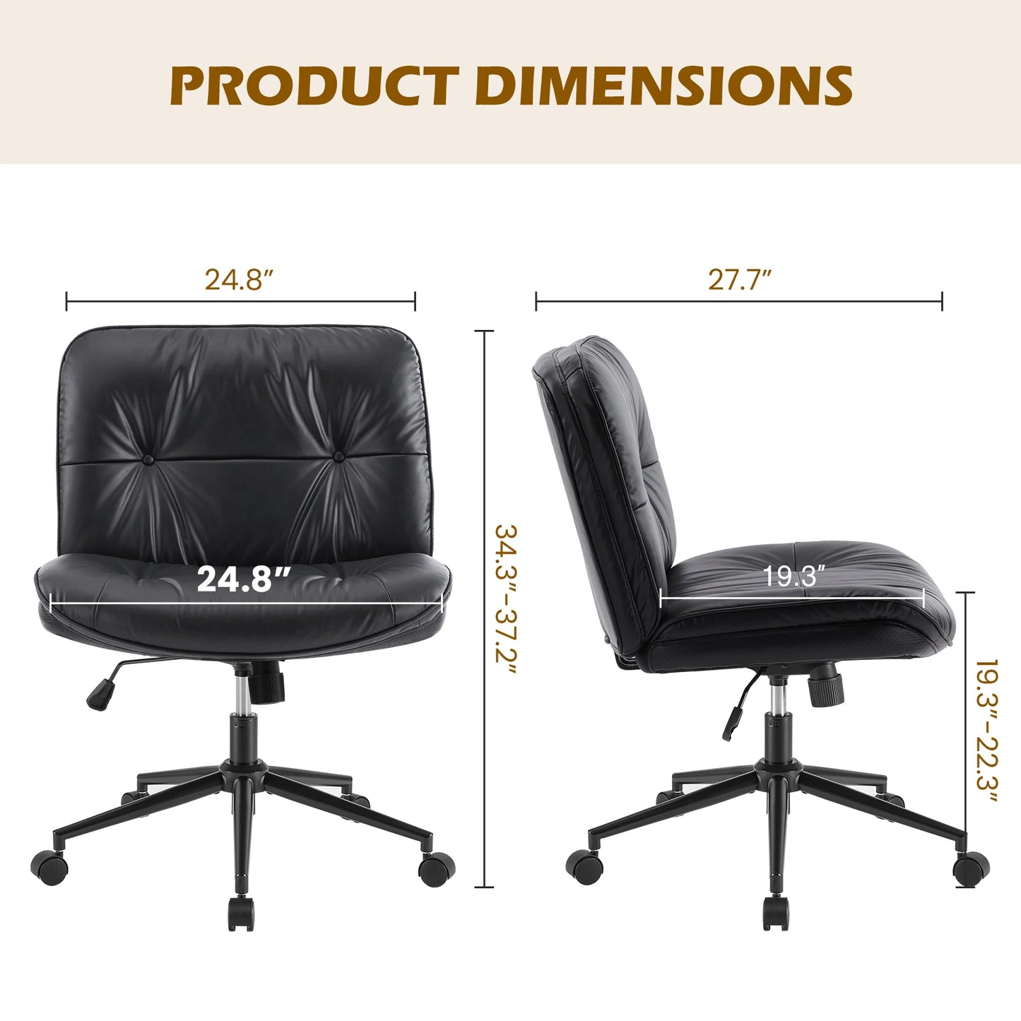 Cross Legged  Leather Office Chair with Wheels Armless Desk Seating for Home Bedroom