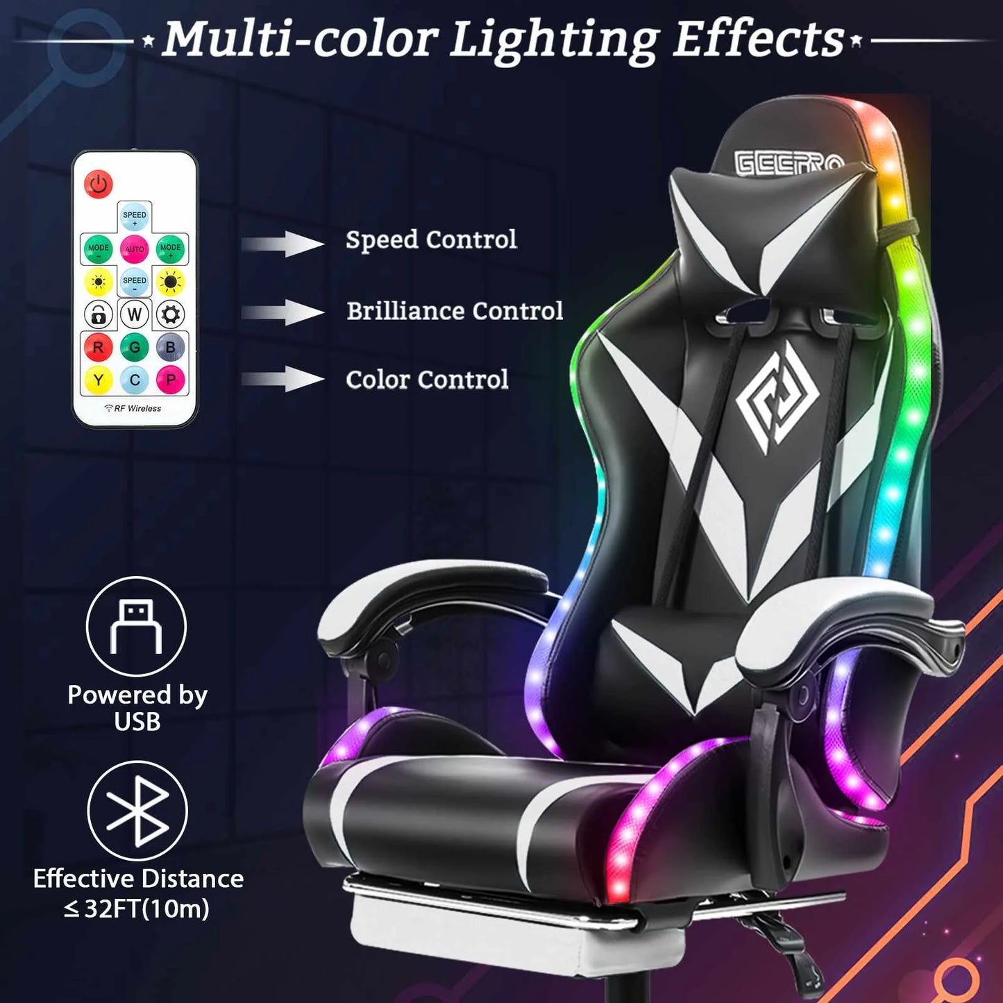 135 Degrees Gaming Chair RGB Light Office Chair Bluetooth Speaker.