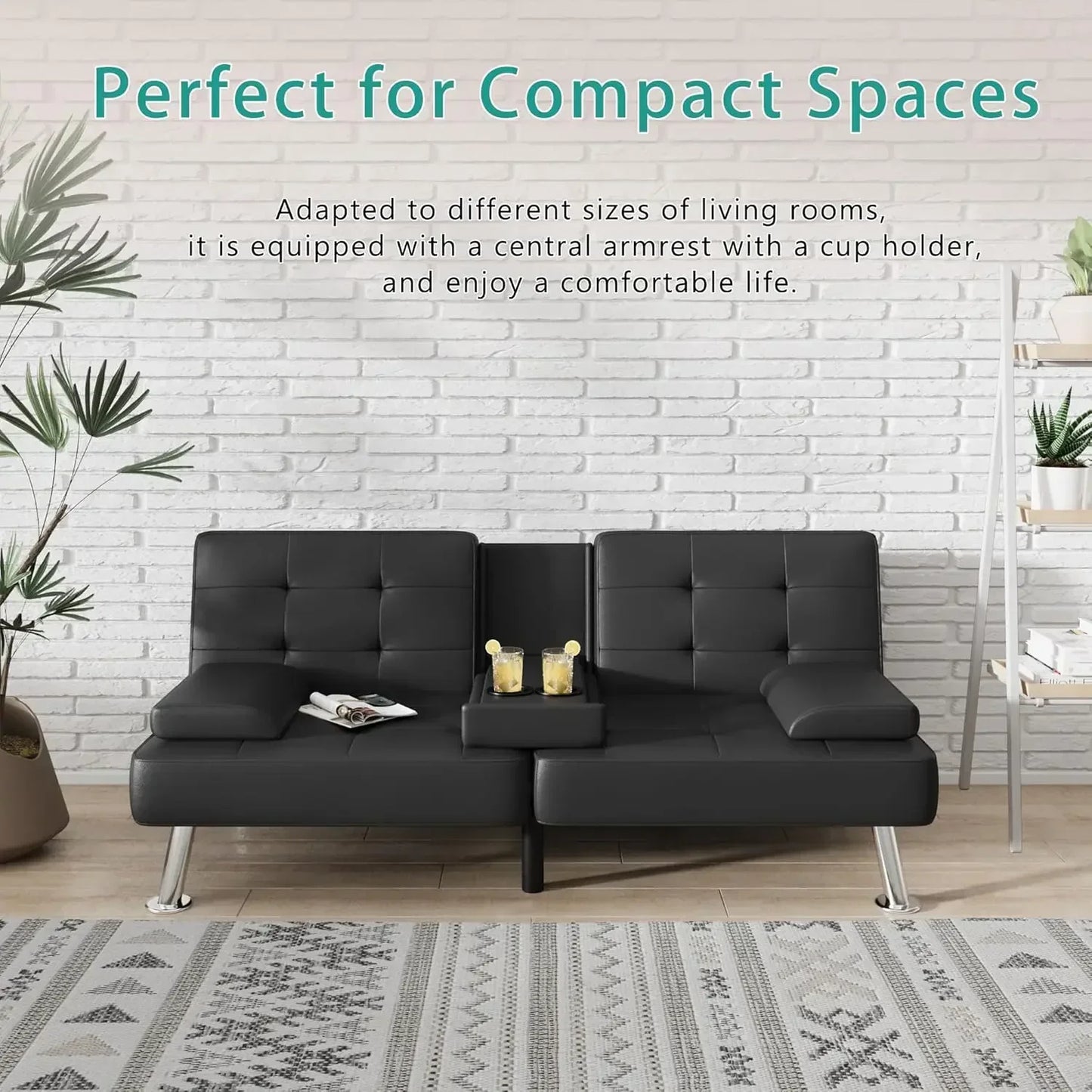 [XMSJ-Limited Stock, Buy Now!]Futon Sofa Bed Modern Folding Futon Set Convertible Recliner Lounge for Living Room with 2 Cup Hol