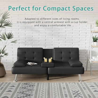 [XMSJ-Limited Stock, Buy Now!]Futon Sofa Bed Modern Folding Futon Set Convertible Recliner Lounge for Living Room with 2 Cup Hol