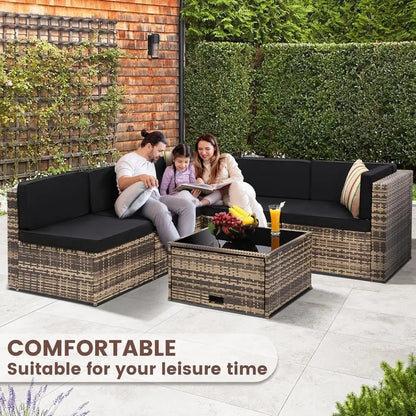8-Piece Outdoor Wicker Sectional Patio Furniture Set with Cushions and Glass Table Storage