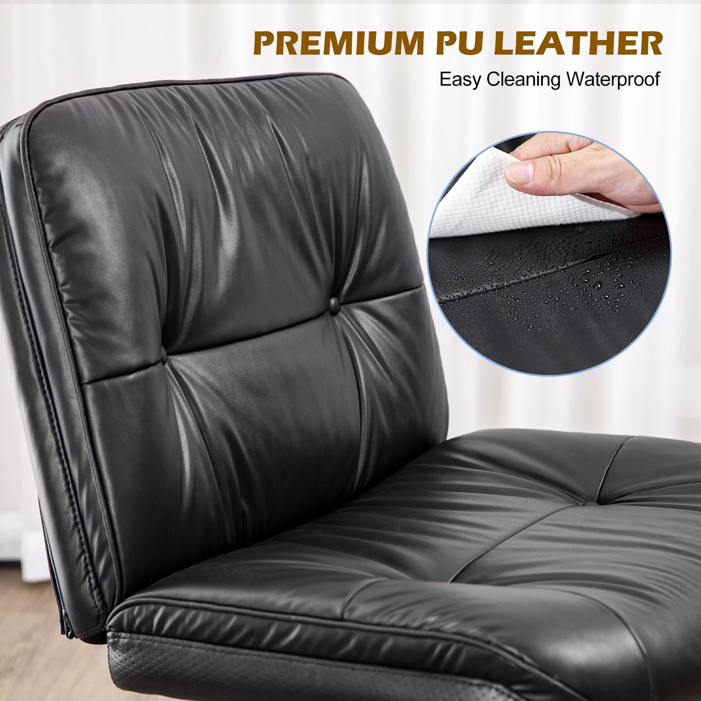 Cross Legged  Leather Office Chair with Wheels Armless Desk Seating for Home Bedroom
