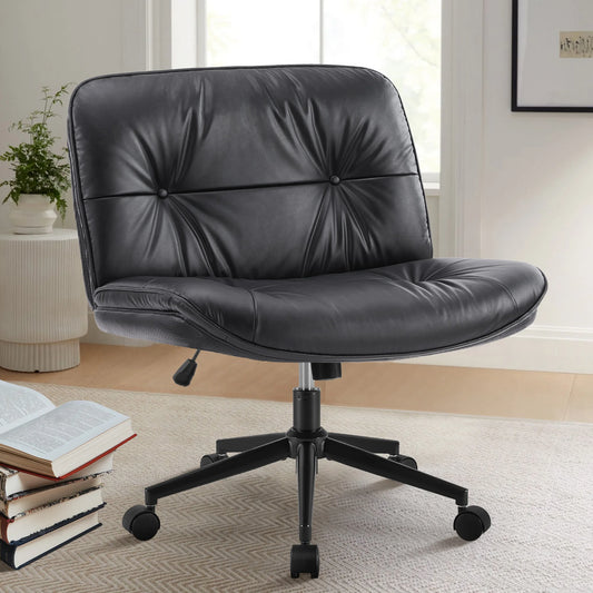 Cross Legged  Leather Office Chair with Wheels Armless Desk Seating for Home Bedroom