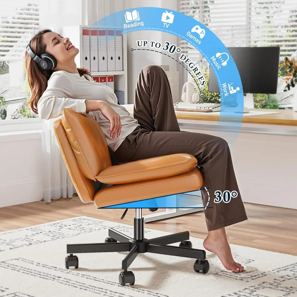 Criss Cross Chair with Wheels,Cross Legged Office Chair with 2 Layer Cushion,Comfy Wide Seat,Leather,Amless, Vanity Chairs for H