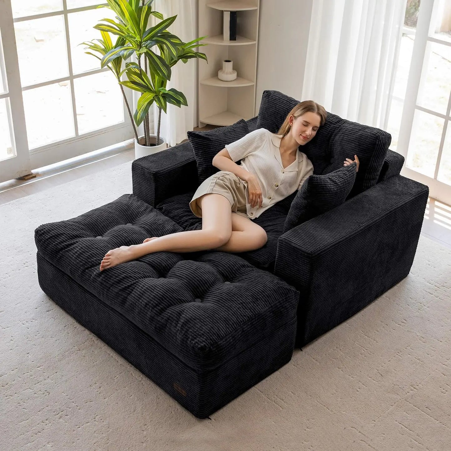 Oversized Chaise Lounge Sofa, Upholstered Lounge Chair with 3 Pillows, Tufted Boneless Sofa Couch with Ottoman, Deep Seat Sleepe