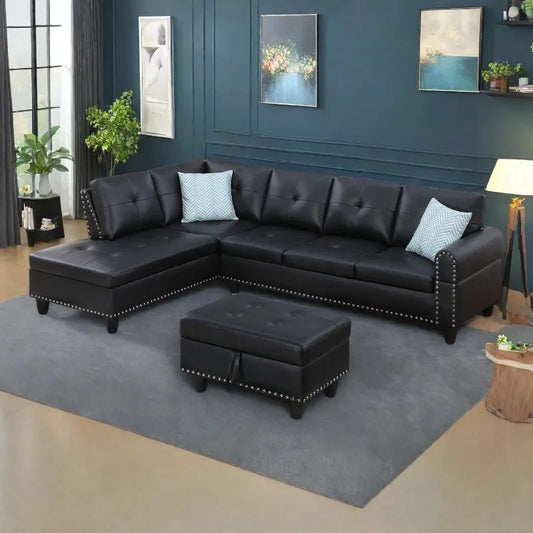 L Shaped Couch 3-Piece Sectional Sofa Set .Black