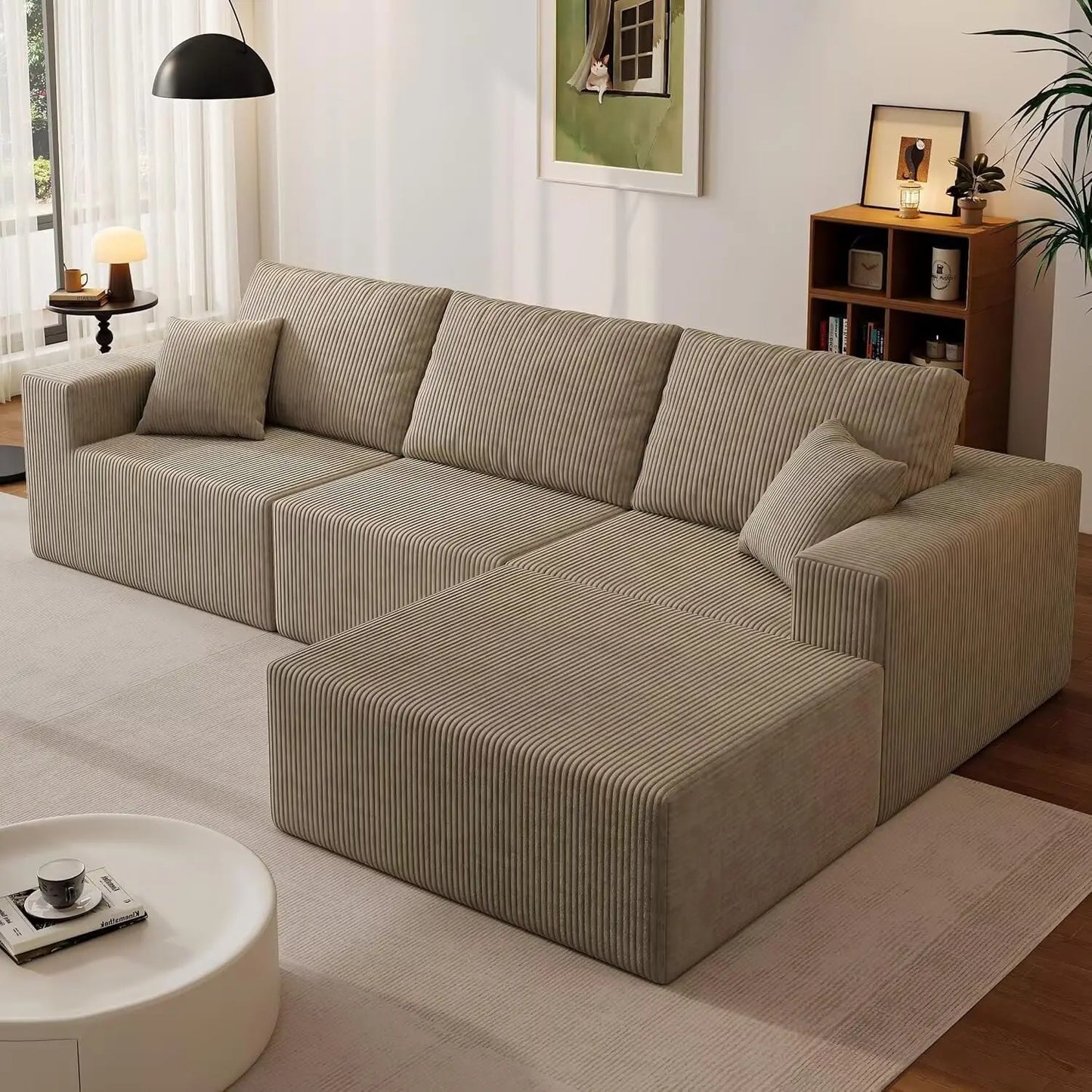 139" Cloud Sectional Sofa Deep Seat Modular L-Shape Frameless Corduroy Living Room 4-Seater Left Chaise Black Customized