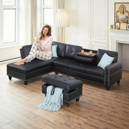 L Shaped Couch 3-Piece Sectional Sofa Set .Black