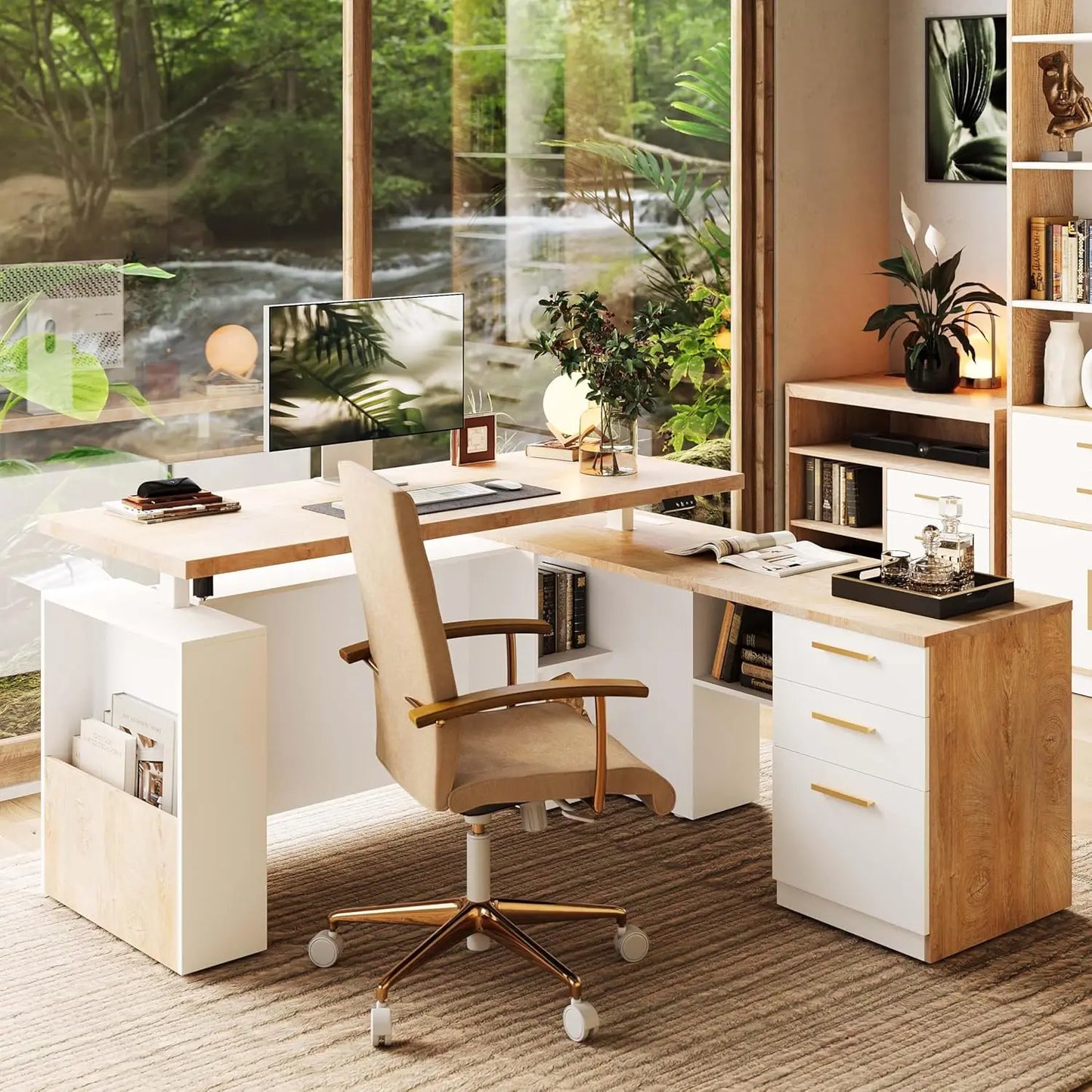 63" Standing Desk with File Cabinet, Privacy Panel, AC/USB, Executive L Shaped Height Adjustable Electric Stand Up Desk