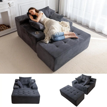 Oversized Chaise Lounge Sofa, Upholstered Lounge Chair with 3 Pillows, Tufted Boneless Sofa Couch with Ottoman, Deep Seat Sleepe