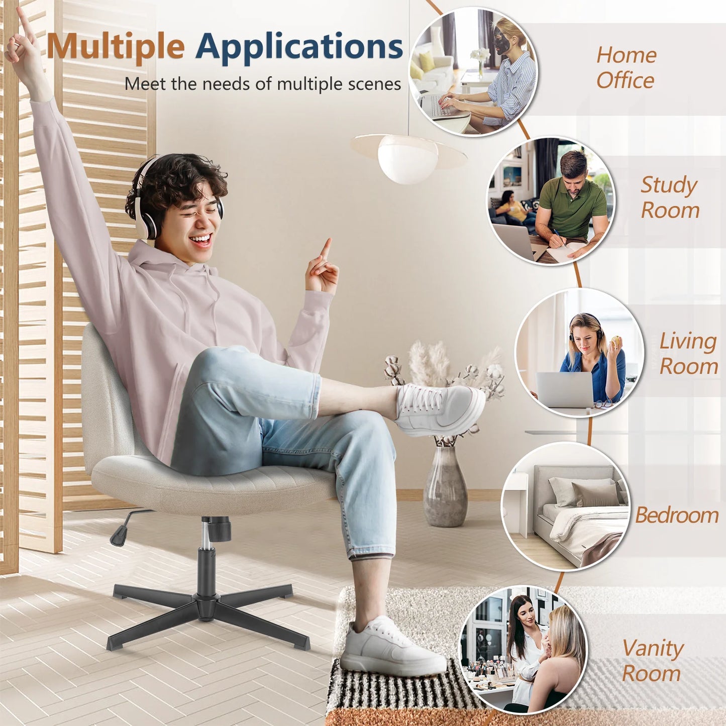 Cross Legged Chair Armless Wide Desk Adjustable Swivel Fabric Task Vanity Home Office