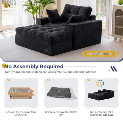 Oversized Chaise Lounge Sofa, Upholstered Lounge Chair with 3 Pillows, Tufted Boneless Sofa Couch with Ottoman, Deep Seat Sleepe