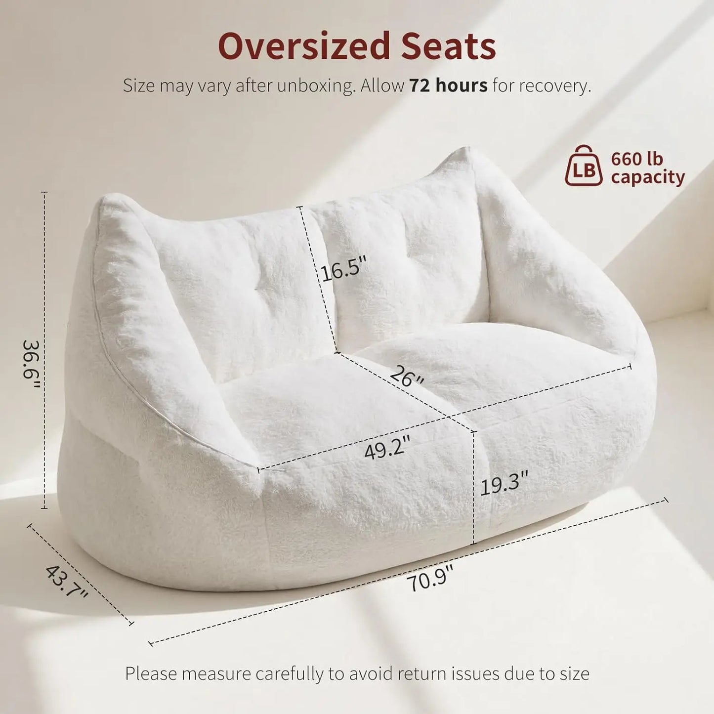 70.9" Oversized Bean Bag Loveseat Sofa, Plush Modern Boneless Couch for Living Room, Bedroom, Apartment - Cream White