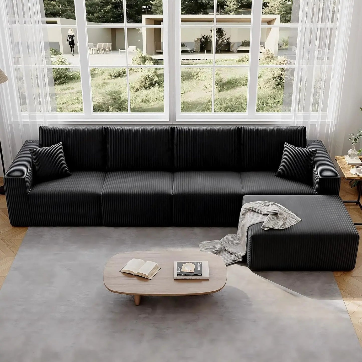 139" Cloud Sectional Sofa Deep Seat Modular L-Shape Frameless Corduroy Living Room 4-Seater Left Chaise Black Customized