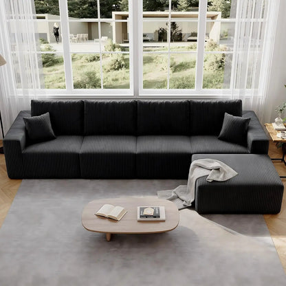 139" Cloud Sectional Sofa Deep Seat Modular L-Shape Frameless Corduroy Living Room 4-Seater Left Chaise Black Customized