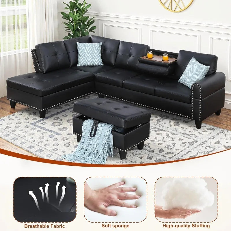 L Shaped Couch 3-Piece Sectional Sofa Set .Black