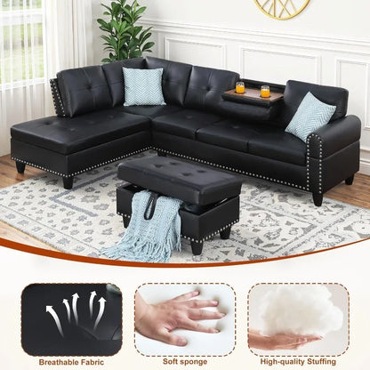 L Shaped Couch 3-Piece Sectional Sofa Set .Black