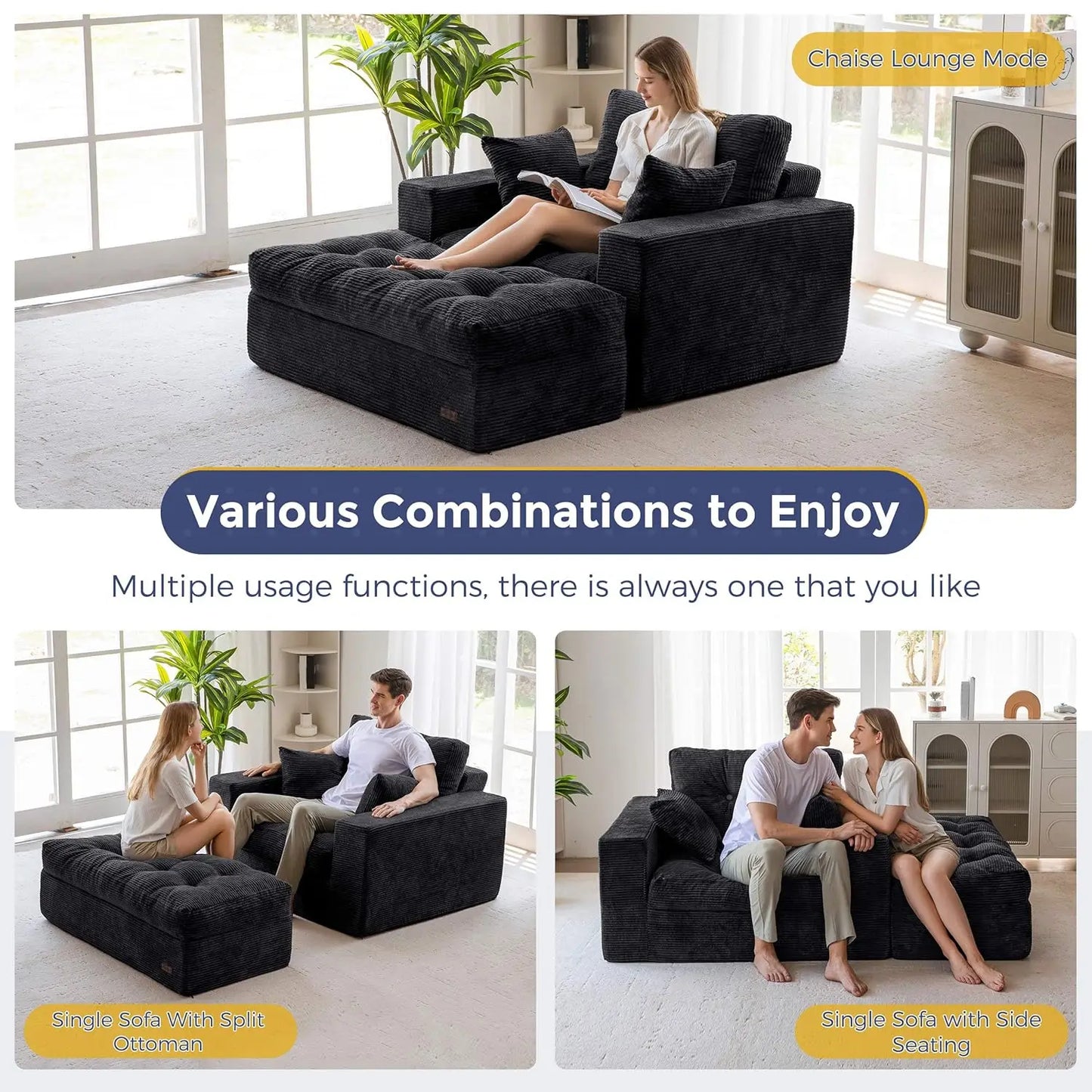 Oversized Chaise Lounge Sofa, Upholstered Lounge Chair with 3 Pillows, Tufted Boneless Sofa Couch with Ottoman, Deep Seat Sleepe
